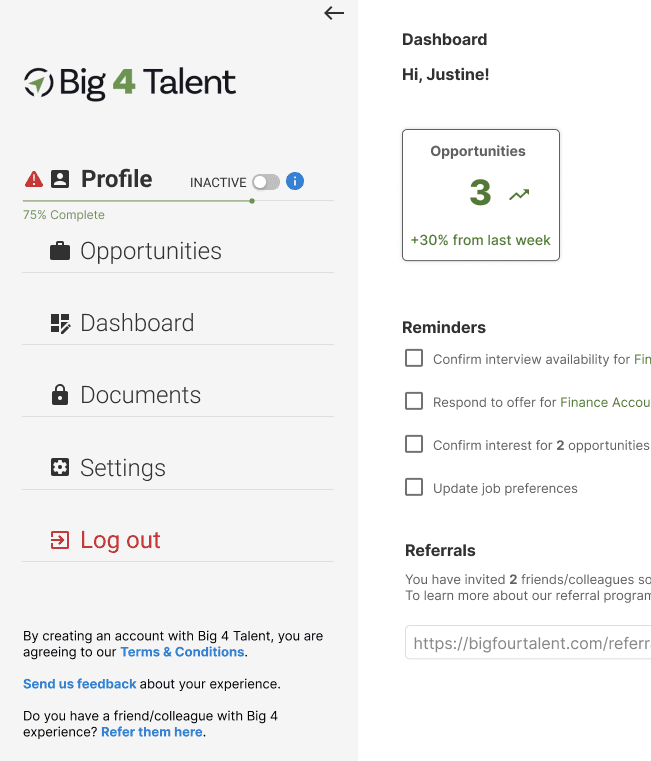 Big 4 Talent candidate portal dashboard