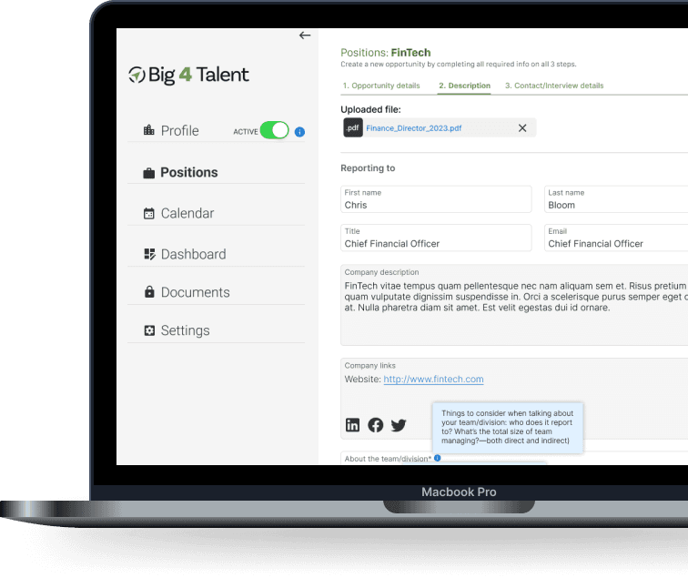 Big 4 Talent employer portal on laptop screen