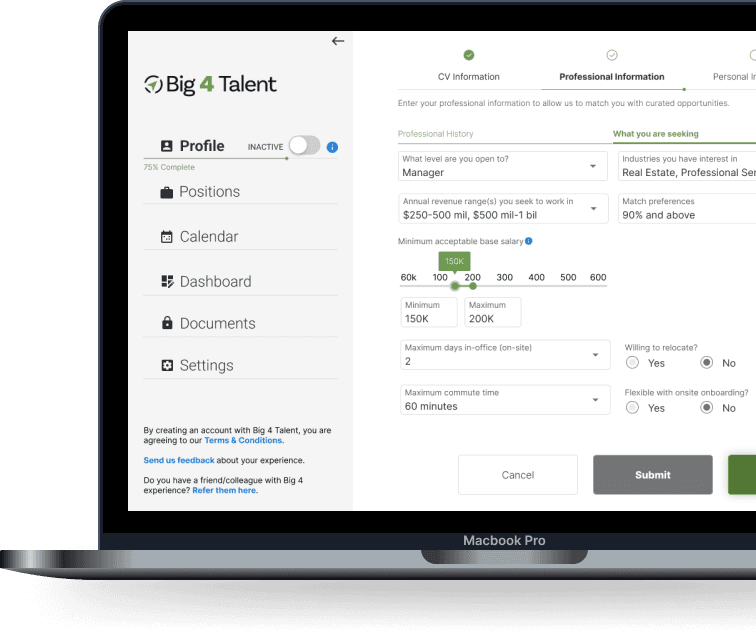 Big 4 Talent candidate portal on laptop screen